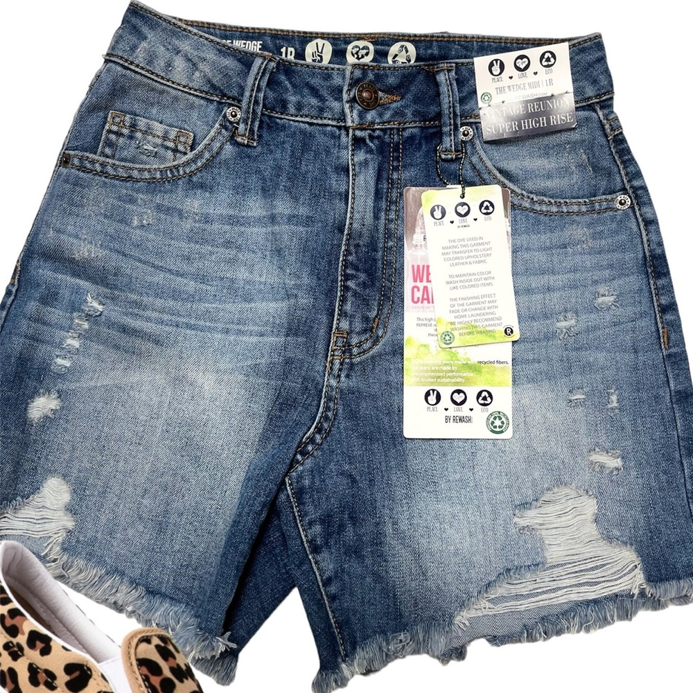 Super High Rise Wedge Midi Denim Shorts by Rewash